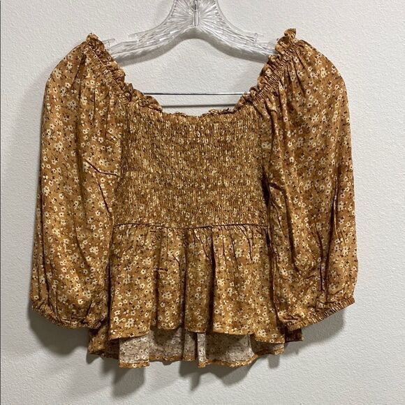 Arizona Jean‎ Co Golden Brown Floral Smocked Peplum Blouse NWT Size Small - Picture 4 of 11